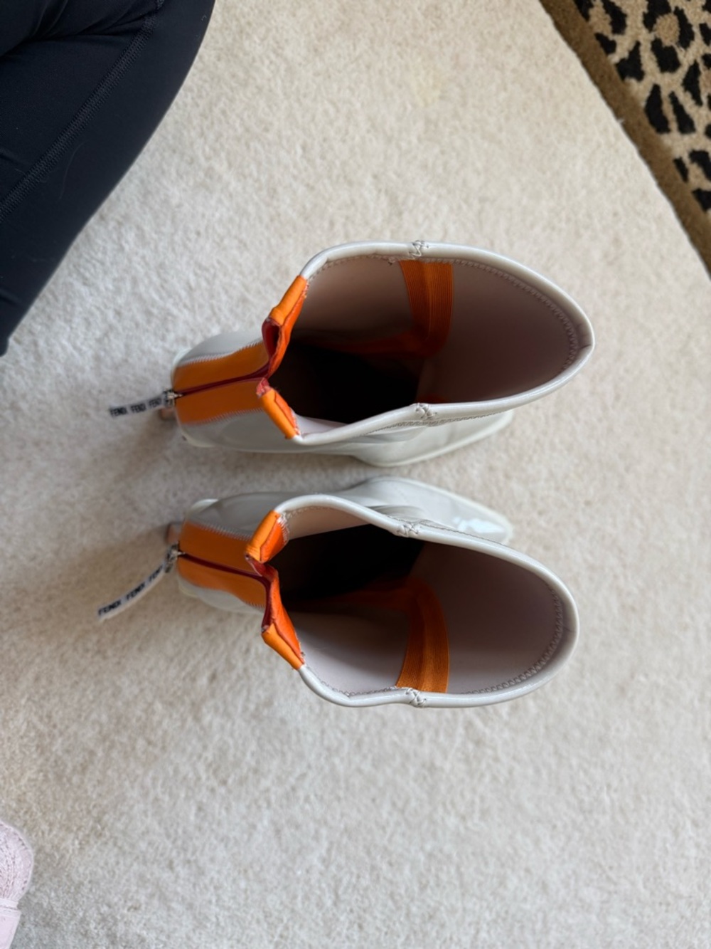 Fendi Glossy Light Gray Pointed-Toe Mid-Calf Boots with Orange Pull Tabs - Picture 2 of 6